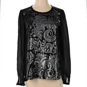 Marchesa Voyage Black Sheer Long Sleeve Blouse Metallic Silver Embroidery Size 4